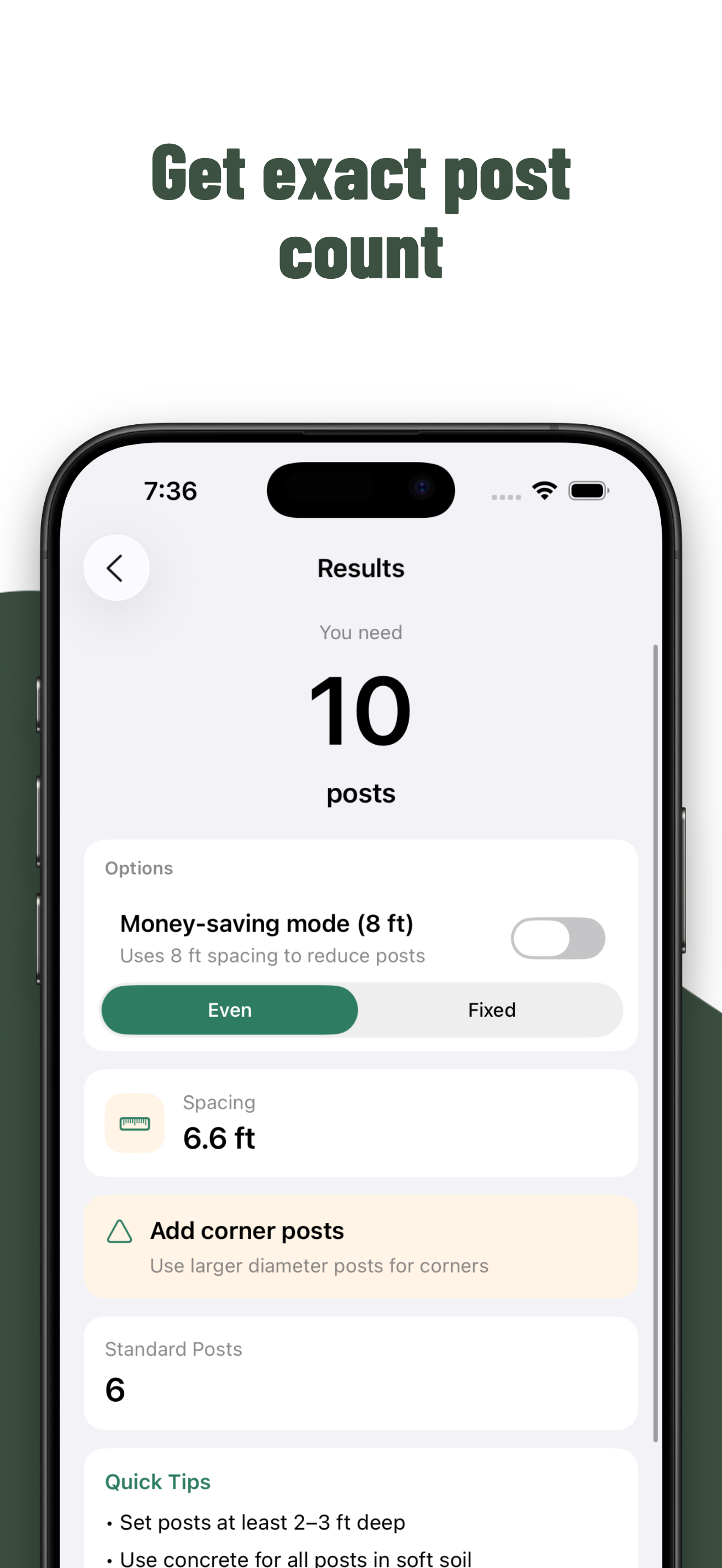 Fence Calculator Pro results screen showing exact post count and spacing options